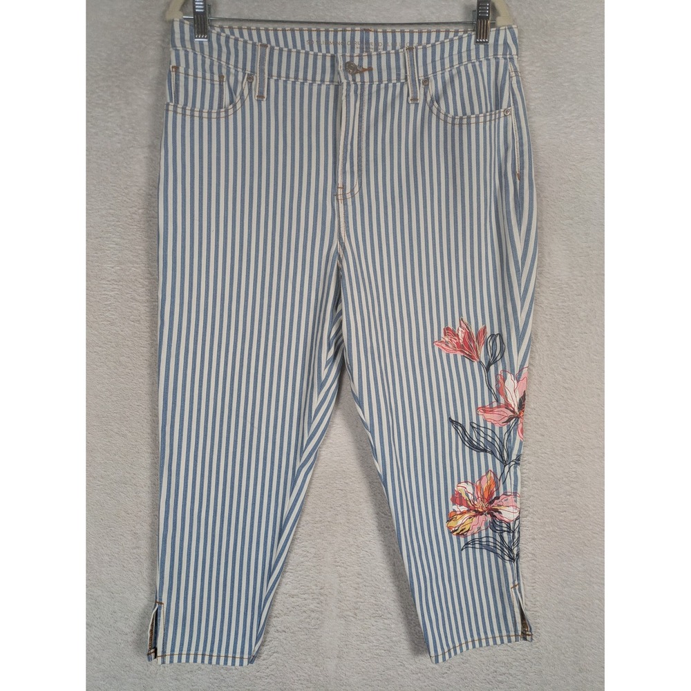 Chico's So Slimming Girlfriend Jeans Women's 10 Blue White Striped Floral Ankle